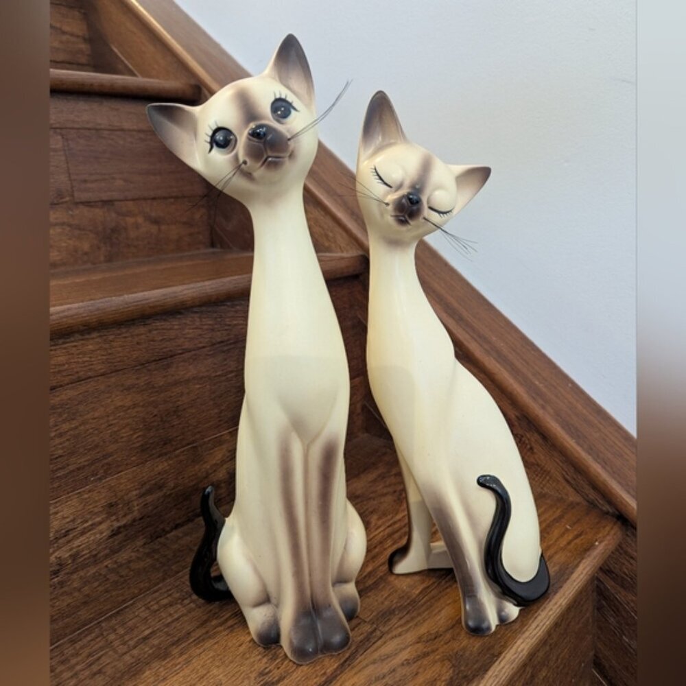 Vintage Norcrest Japan Siamese Long Neck Cats 1950s Tall Porcelain Cat Figurines - Picture 12 of 14